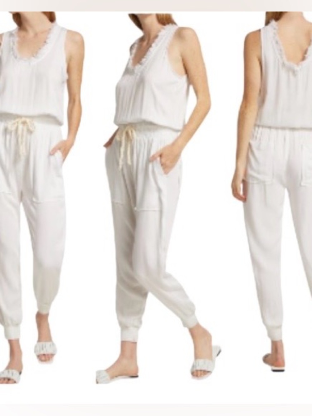 NWT Ramy Brook Ray Jumpsuit
Ivory Fringe Trim Sleeveless
Jogger One Piece Size L